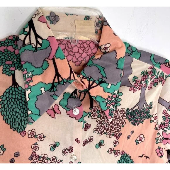 Vintage 70s Disco Long Sleeve Shirt Size M Psychedelic Trees Nature Butterfly